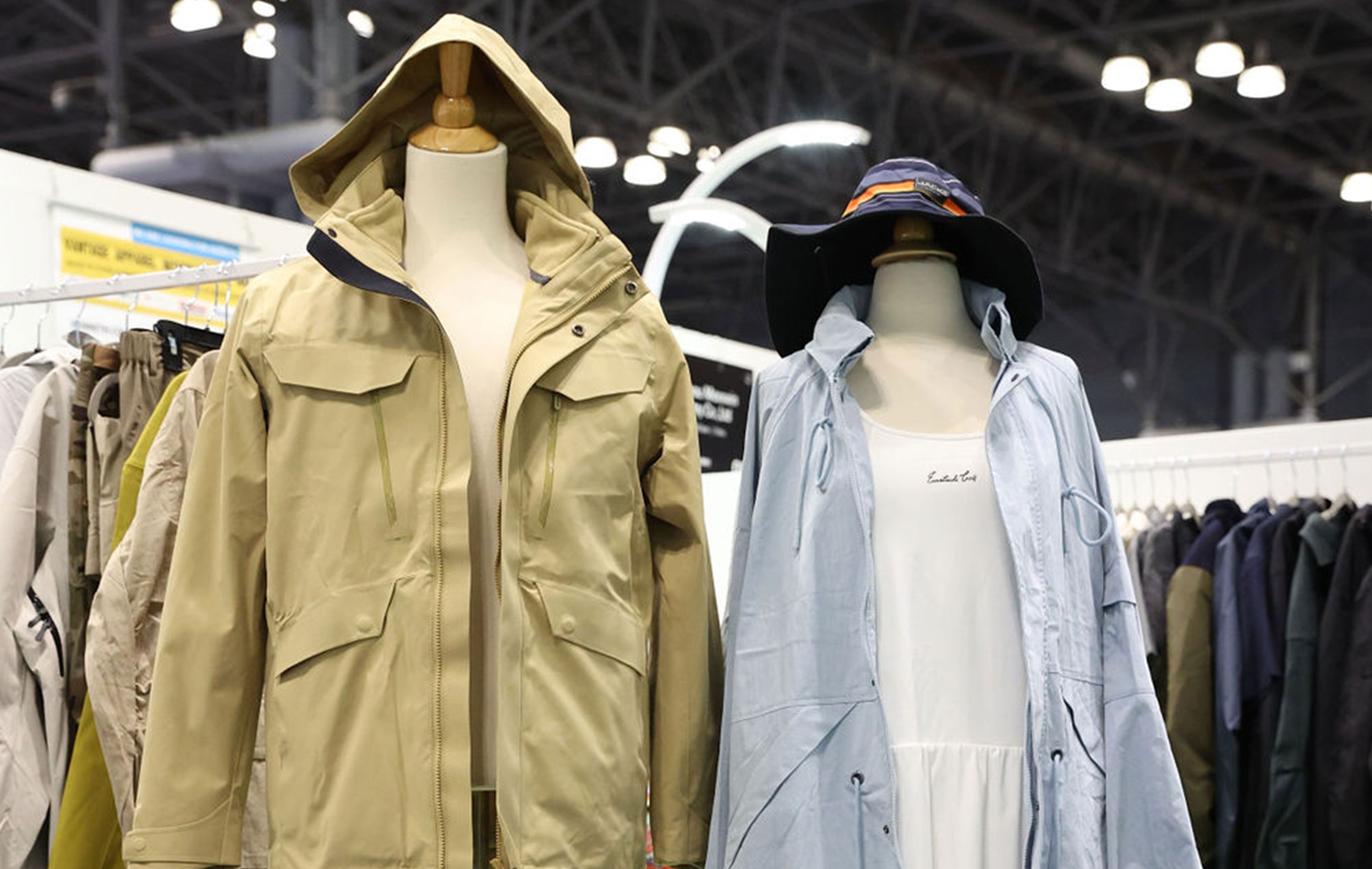 Mannequins dressed in outdoor jackets and hats displayed at Texworld New York.